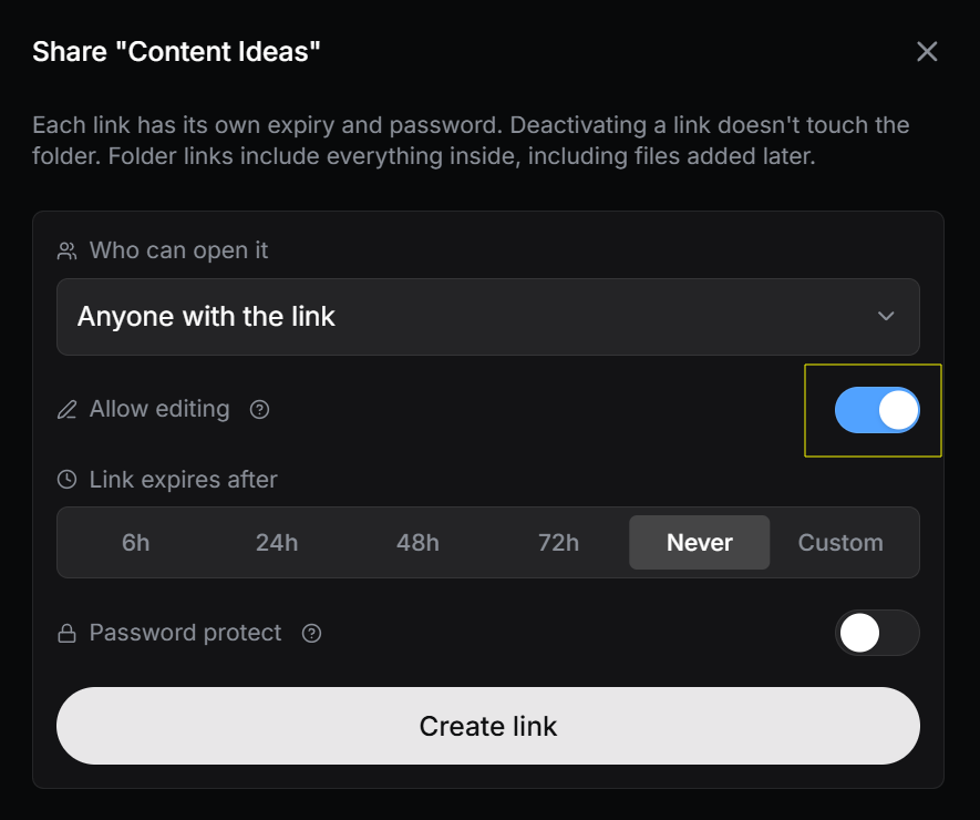 Share dialog with Allow editing switched on