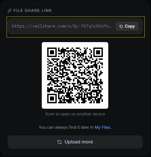 Finished upload with the share link and QR code
