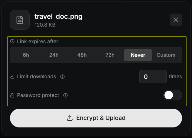 Upload settings with link expiry, download limit and password