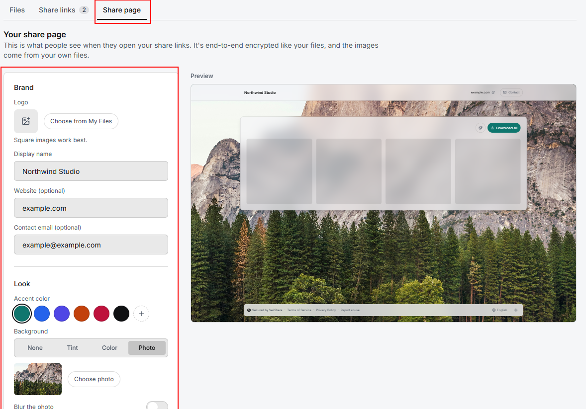Share page settings with a live preview